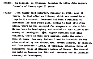 Obituaries from Essex County Newspapers; Letter W, Letter Y, Letter Z