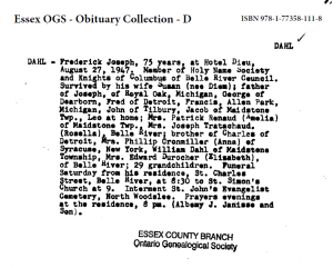 Obituaries from Essex County Newspapers; Letter D