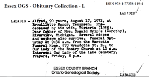 Obituaries from Essex County Newspapers; Letter L