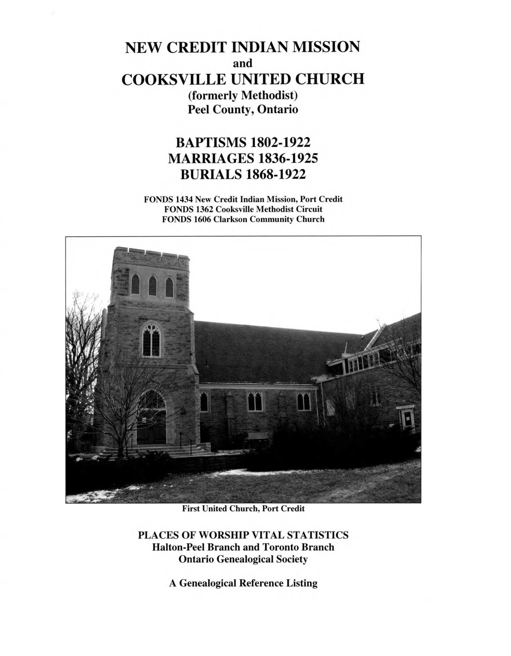 New Credit Indian Mission and Cooksville United Church Baptisms, Marriages, Burials