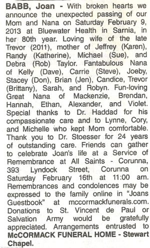 ESSEX-KENT OBITUARY COLLECTION Surname B